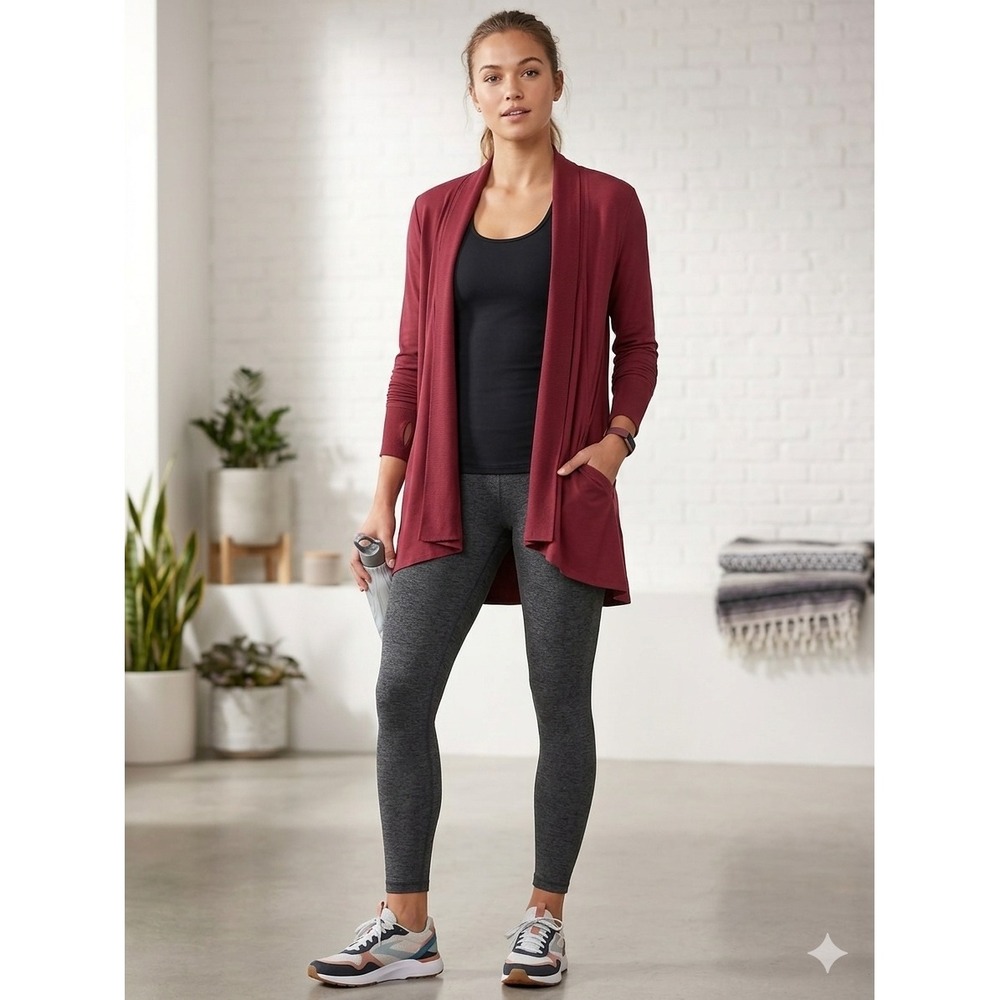Athleta Pranayama Wrap Cardigan Burgundy Maroon Open Front Yoga Sweater Small